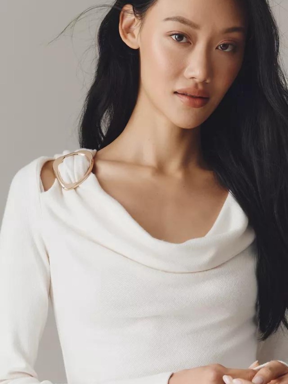 Anthropologie Women's Cream Cowl Neck Knit Top with Golden Buckle Size XL